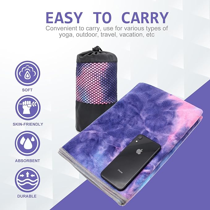 Eunzel 2 Pack Yoga Towel,Hot Yoga Mat Towel with Grip Dots Sweat Absorbent Non-Slip for Hot Yoga, Pilates and Workout 24" x72,Purple & Blue (2 Pack)