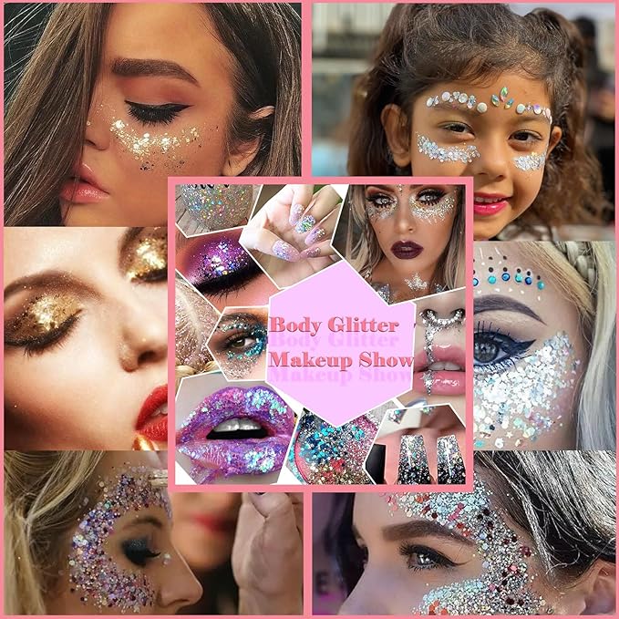 Body Glitter Face Glitter Gel: Singer Concerts Disco Festival Rave Accessories Face Glitter Makeup 150ml Chunky Sequins Mermaid Face Body Hair Glitter Gel (Purple&White&Light Pink)