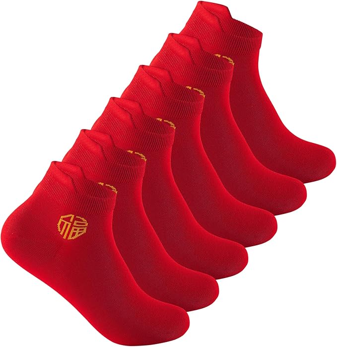 Men's Red Socks Ankle Socks Comfortable White/Black Casual With Heel Tab,Chinese New Year Socks, Size 6-10 (6 pairs)