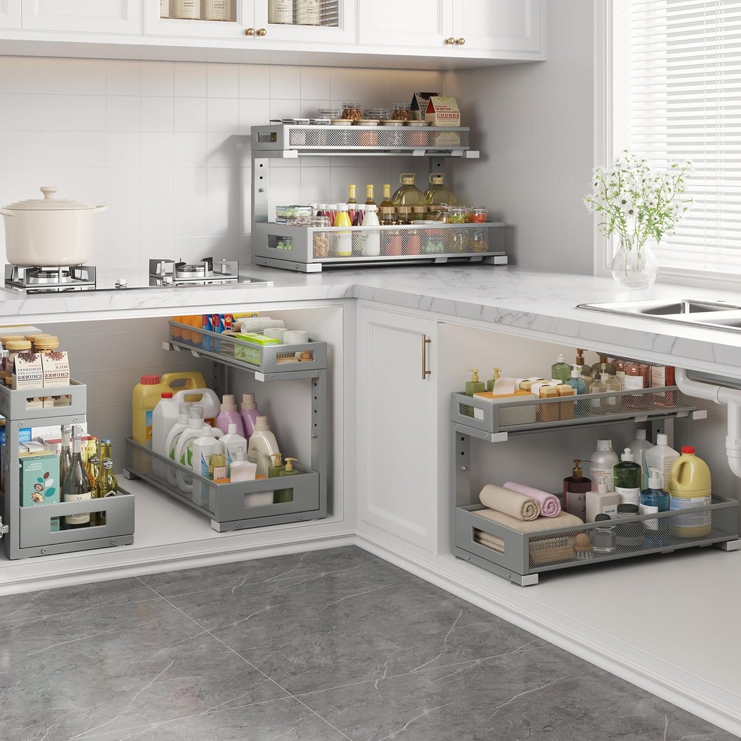 1 Pack 19IN Depth Under Sink Storage Organizer, Large 2-Tier Elegant Mesh Pull Out Shelf for Kitchen and Bathroom Cabinet Organization, L-Shaped and Adjustable Height Design-Gun Gray