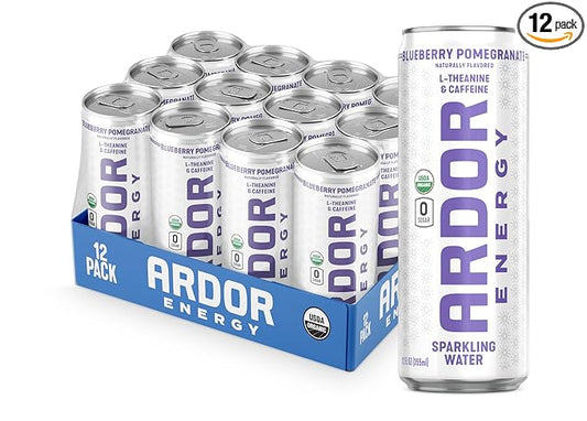 ARDOR ENERGY Sparkling Water with 100mg Natural Caffeine & 200mg L-Theanine from Organic Green Tea for Smooth Energy & Focus | Healthy Energy Drink | No Sugar, Zero Calories, Vegan, Gluten-Free | Blueberry Pom (Pack of 12, 12oz cans)
