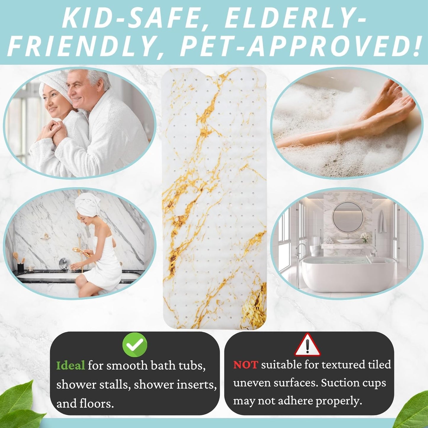 ENKOSI Bath Mat – Large 40 x 16 Inch Non-Slip Bathtub Mat with Secure Suction Cups & Drain Holes – Extra Long Bathroom Shower Mat for Tub with Marble Gold Design (40x16 Marble Gold)