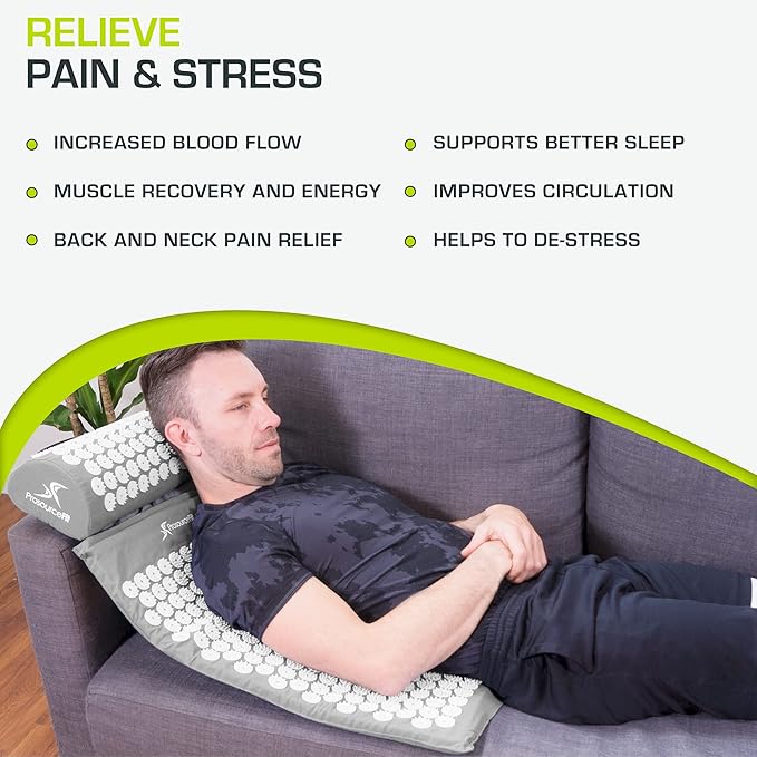 ProsourceFit Acupressure Mat and Pillow Set for Back/Neck Pain Relief and Muscle Relaxation, Large - Gray/Gray