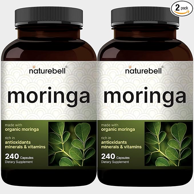 NatureBell 2 Pack Moringa Capsules 8000mg Per Serving, 480 Total Capsules | Green Superfood, Skin Health & Immune Support | Non-GMO, Gluten Free