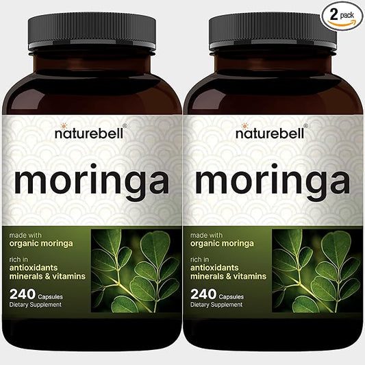 NatureBell 2 Pack Moringa Capsules 8000mg Per Serving, 480 Total Capsules | Green Superfood, Skin Health & Immune Support | Non-GMO, Gluten Free