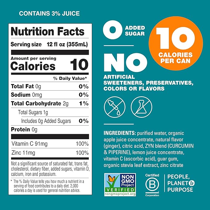 ZYN Turmeric Wellness Drink (6 Pack), Lemon Ginger Flavored Turmeric Curcumin Drink with Black Pepper, No Added Sugar, Low Carb & Low Calorie Drink, Clean Alternative