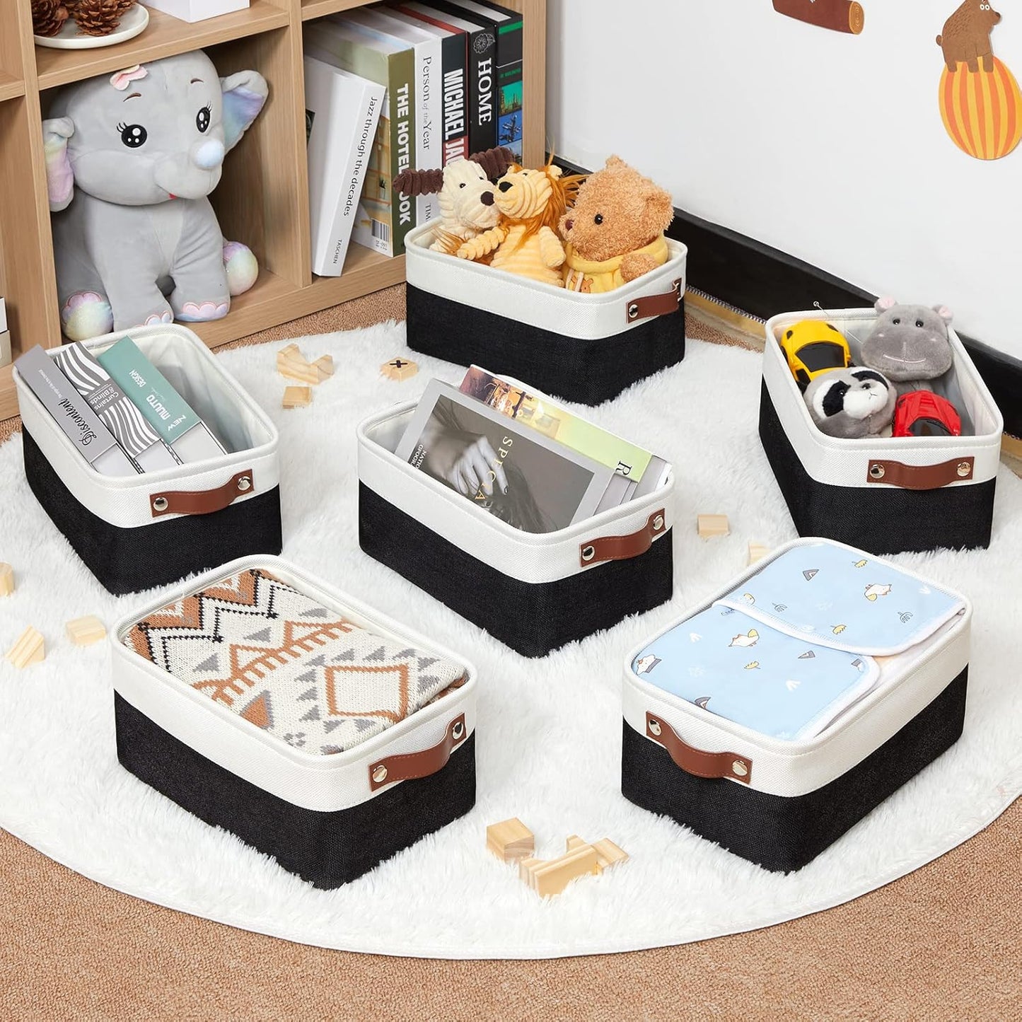 HNZIGE Small Storage Baskets (6 Pack) - Fabric Bins with Leather Handles, Foldable for Organizing (Black&White, 11.8" x 7.8" x 5.1")