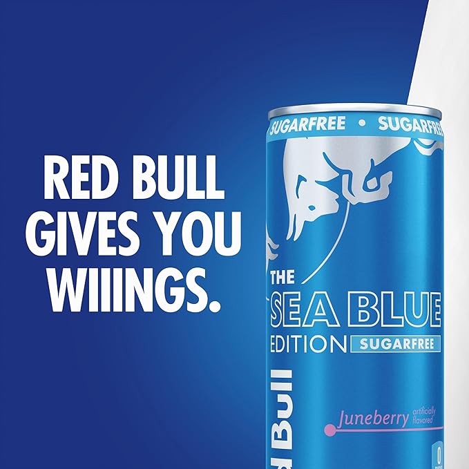 Red Bull Sea Blue Edition Sugar Free Energy Drink, Juneberry,12 fl. oz., Pack of 4 cans, with 114mg Caffeine, Taurine & B Vitamins
