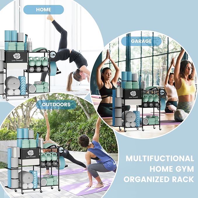 Yoga Mat Storage Rack,Home Gym Storage Rack Gym Workout Equipment Storage Organizer Fitness Weight Rack on Wheels for Yoga Mat,Yoga Block,Foam Roller,Resistance Band,Dumbbell,Kettlebell and Other Workout Accessories