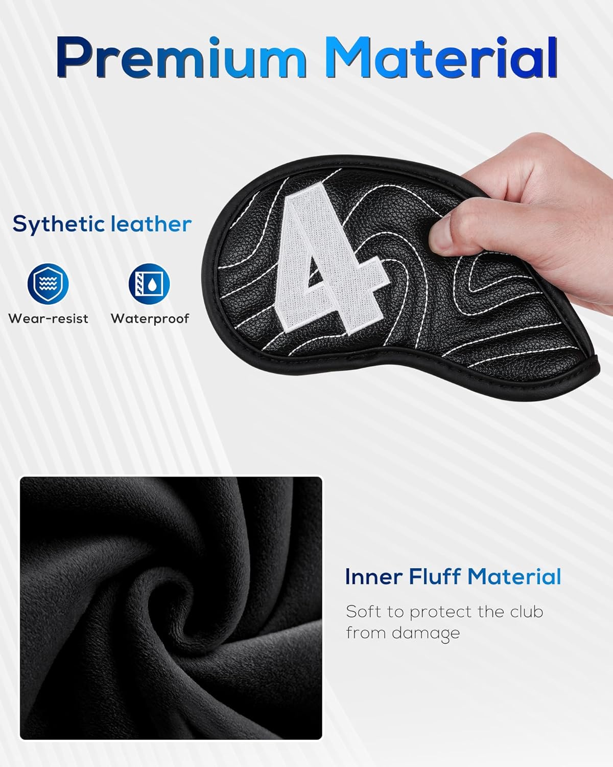 Big Teeth Golf Club Covers Full Set Driver Headcover Fairway Wood Hybrid Golf Club Iron Head Covers, Topographic Edition Putter Cover Leather Golf Head Covers Pure Black, Gifts for Men