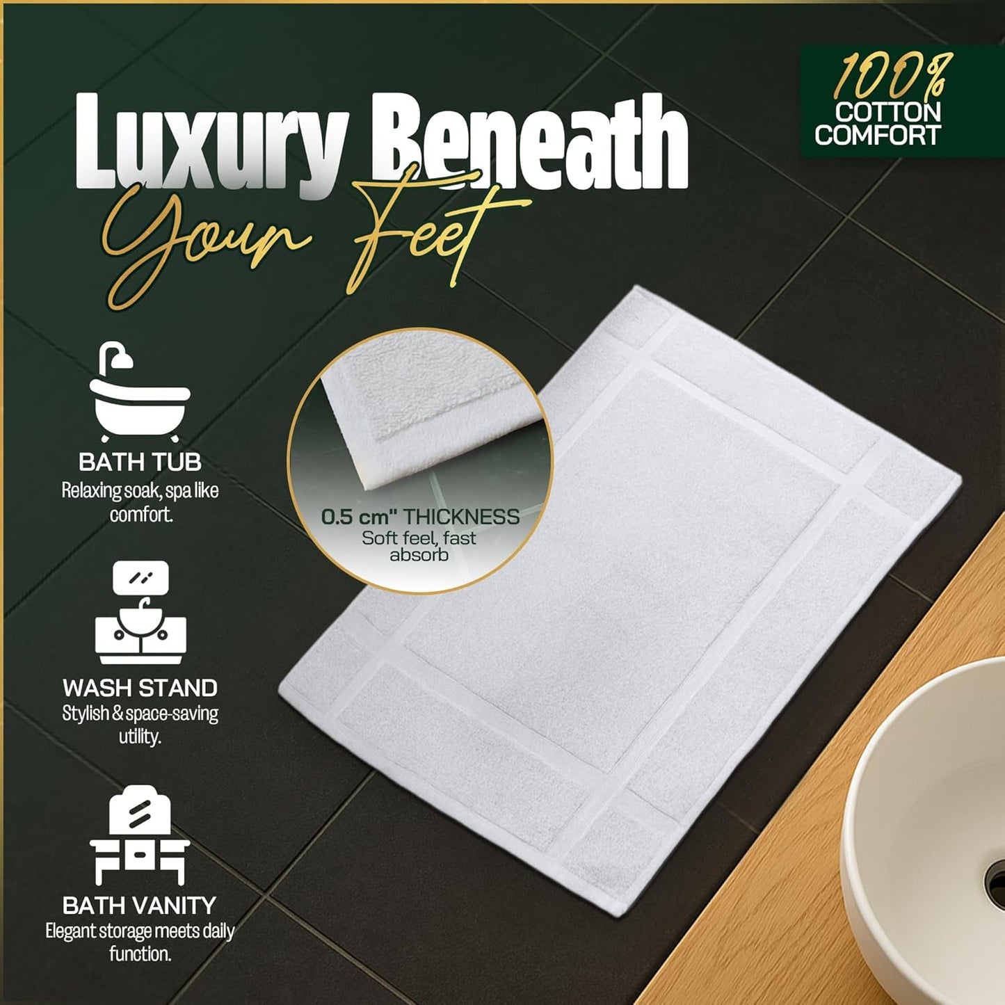 Pearl Linens Pack of 6 100% Cotton Bath Mat 20X30 inches, Soft & Absorbent Quick Dry Bathroom Mat Set, Not Bathroom Rugs, After Shower Mat, Bath Tub Mat, 687 GSM, Machine Washable, White