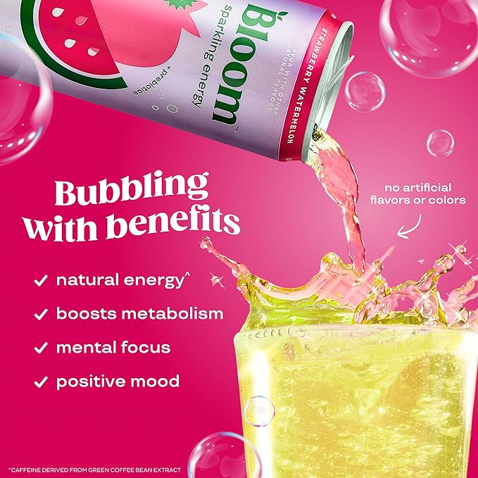 Bloom Nutrition Sparkling Energy Drink - Natural Caffeine, Zero Sugar, 180mg Caffeine - Antioxidant-Rich with Green Coffee Bean, Green Tea Extract, Prebiotics - Strawberry Watermelon - 12oz 12 Pack