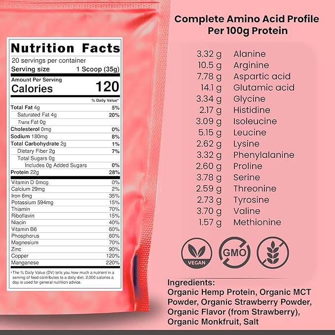 Organic Hemp Protein, Vegan Protein Powder, Clean Plant Based Protein Powder, Non Dairy Protein, Lactose Free Natural Protein, Gluten Free- 1 Servings, Strawberry