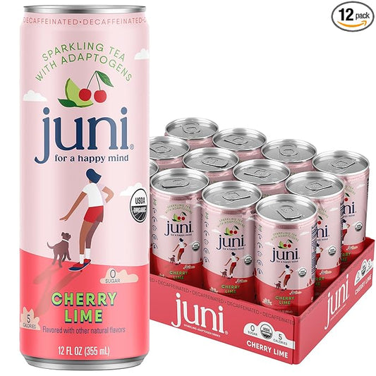 Juni Sparkling Adaptogen Drink with Ashwagandha, Lion’s Mane & Reishi Mushrooms | Green Tea for Focus, Zero Sugar, 5 Calories | Decaffeinated, Non Alcoholic Drinks - Cherry Lime 12 pack