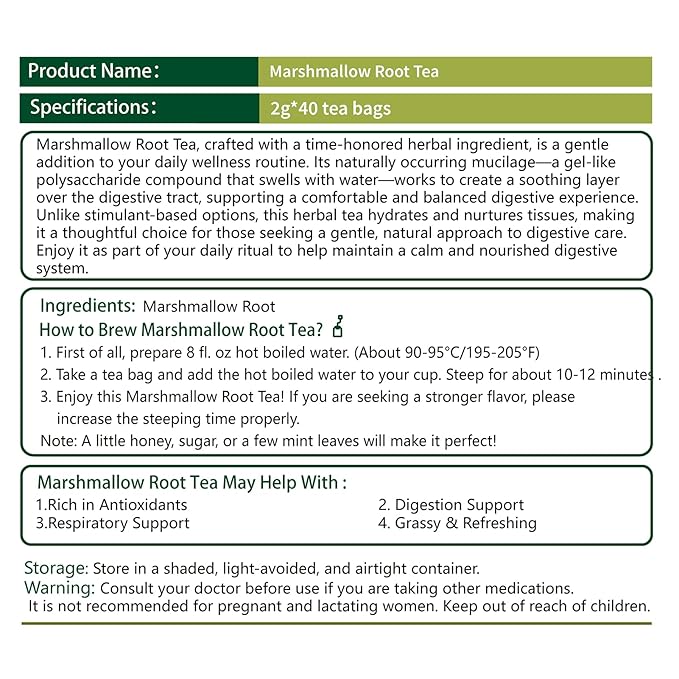 Samcci - Marshmallow Root Tea, 2g x 40 Tea Bags -100% Natural & Pure Dried Cut & Sifted Althaea Officinalis - No Sugar - No Caffeine - No Gluten - Vegan - Support Digestion & Respiratory