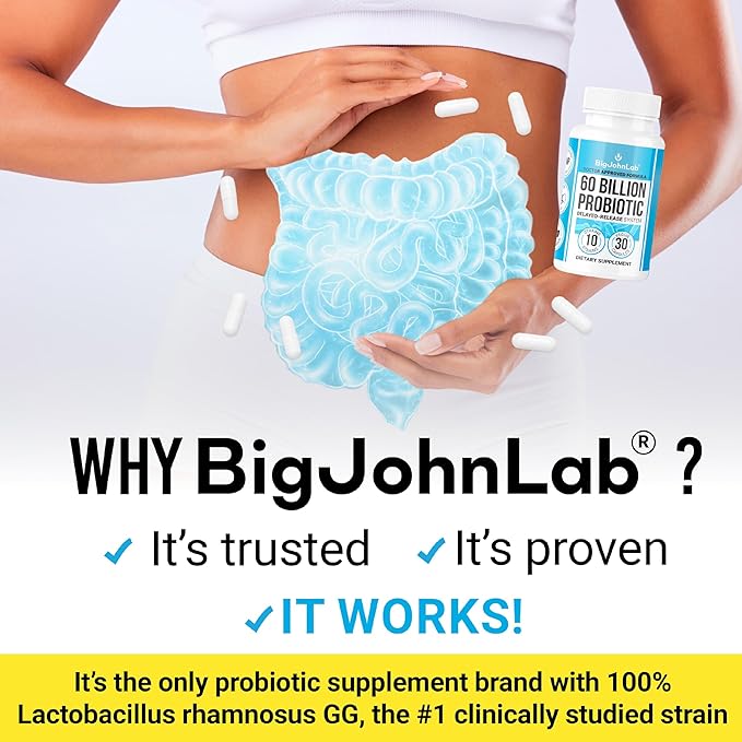 BIGJOHNLAB® Probiotics 60 Billion CFU – 10 Strains + Organic Prebiotics – Immune, Digestive & Gut Health – Supports Occasional Constipation, Diarrhea, Gas & Bloating – for Women & Men – 30ct