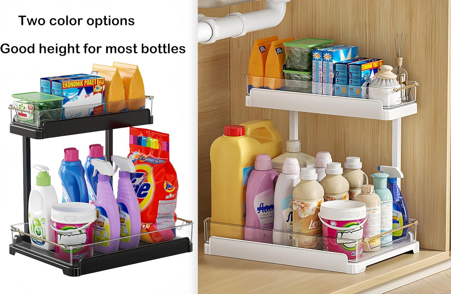 heart & home 2-Pack Under Sink Storage Organizer for Kitchen & Bathroom Cabinets with Removable Washable Tray, Tool-Free Assembly – Multi-Purpose for Vanity, Laundry & Countertop, Black