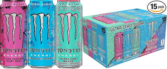 Monster Energy Ultra Variety Pack, Blue Hawaiian, Ultra Vice Guava, Ultra Fantasy Ruby Red, Sugar Free Energy Drink, 16 Ounce (Pack of 15)