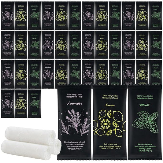Moist Cotton Towel Bulk Moist Towelettes Individually Wrapped 8.7" x 8.7",White Towel Services,Refreshment Pre Moistened Towels Lavender, Lemon and Mint for Sport Party Spa (pack of 60)