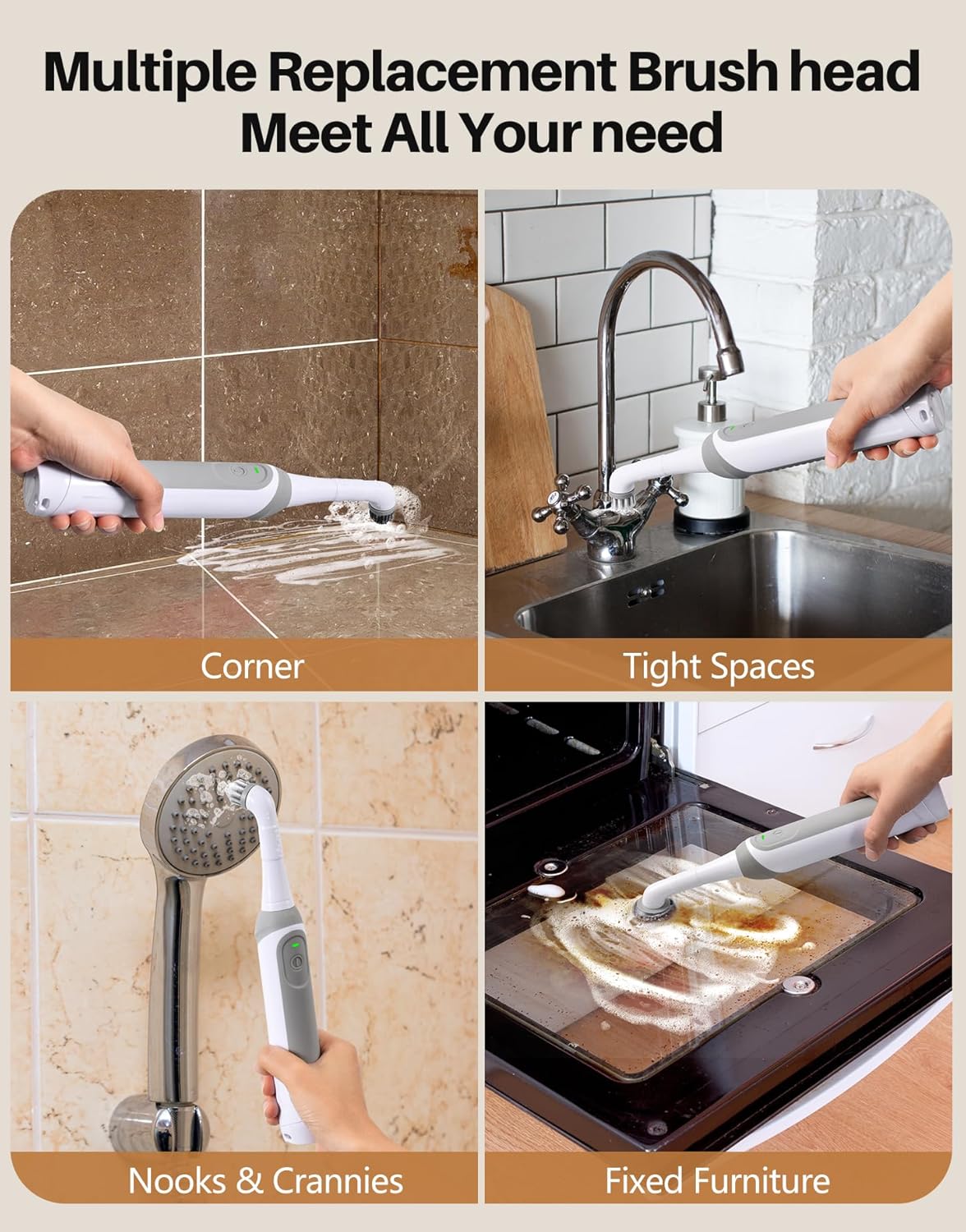 kHelfer Rechargeable Electric Grout Brush with Built-in Battery, Upgraded KH6A Stainless Steel Wire Power Brush & IPX7 Waterproof, Cordless Cleaning Brush & 5 Replacement Heads for Grout, Crevice