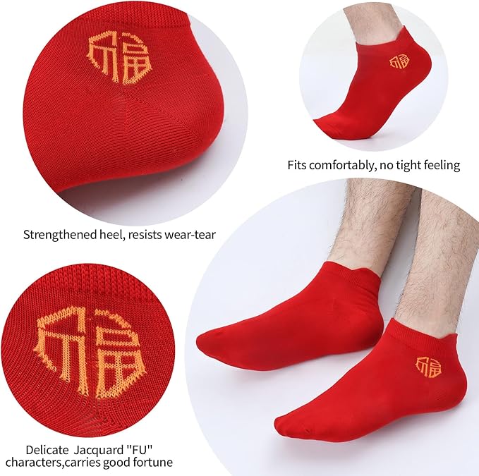 Men's Red Socks Ankle Socks Comfortable White/Black Casual With Heel Tab,Chinese New Year Socks, Size 6-10 (6 pairs)