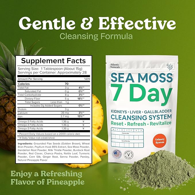 Atlantic Naturals Sea Moss 7 Day Detox Liver, Gallbladder & Kidney Cleanse - Support with Dandelion Root, Milk Thistle, Burdock Root, Red Clover, Chanca Piedra - Pineapple Flavor Drink Mix (14 oz)