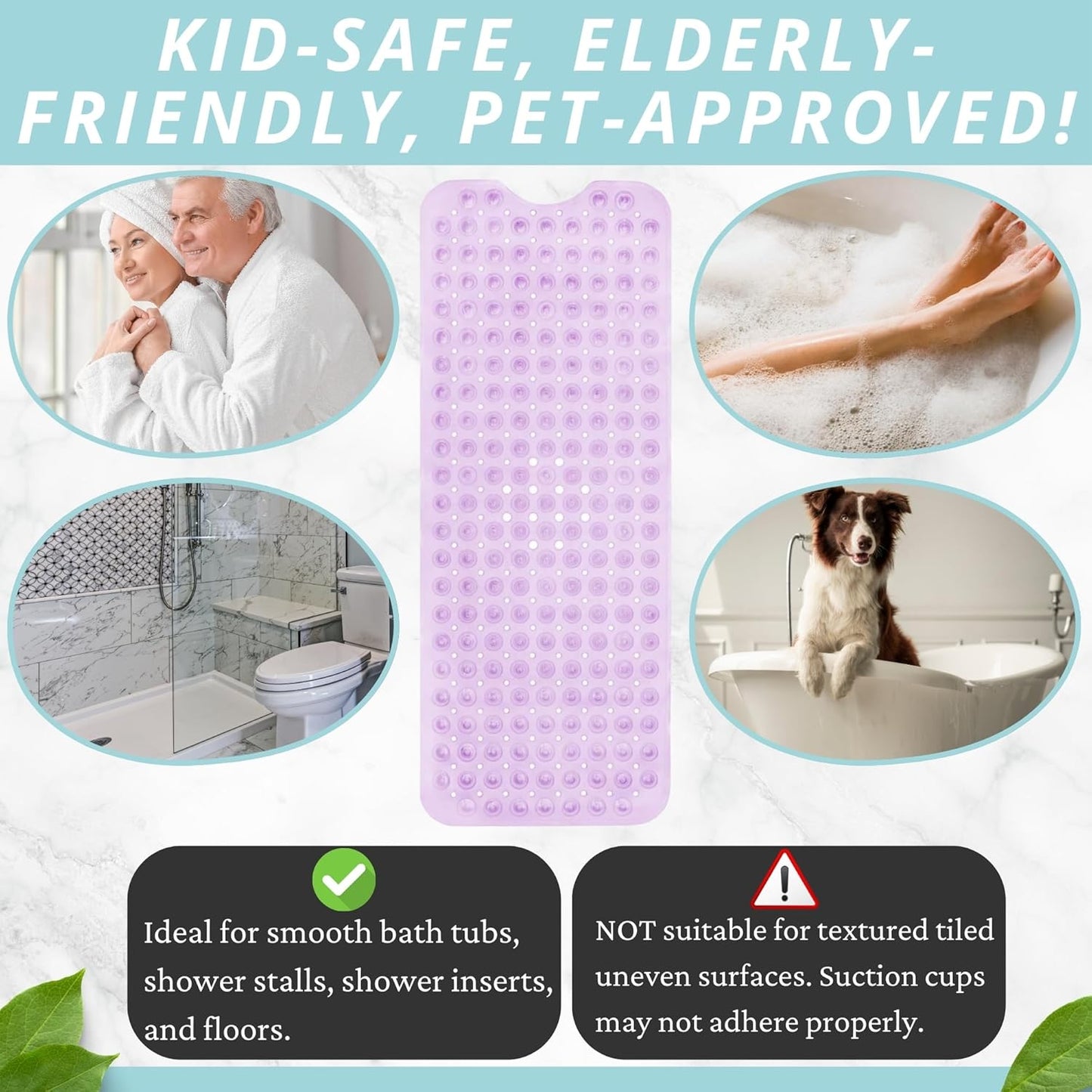 ENKOSI Bath Mat - Large Non Slip Bathtub & Shower Mat - Extra Long 40 x 16 Inch Bathroom Mats for Tub Nonslip Anti Slip Bathmats (40x16 Clear Purple 1-Pack)