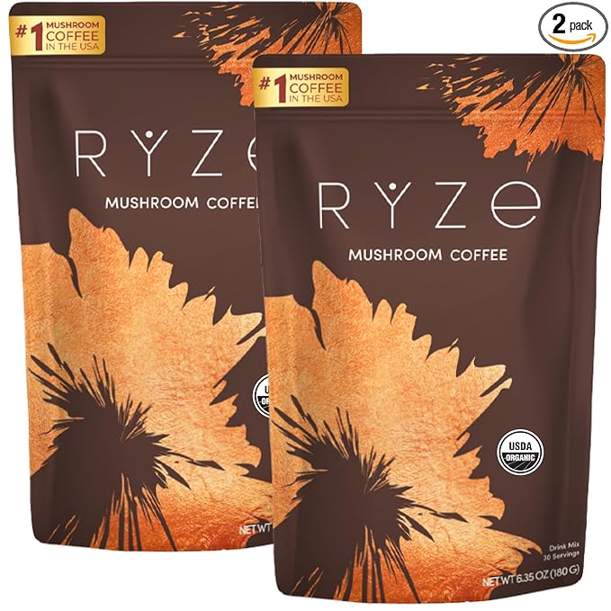 RYZE SUPERFOODS Mushroom Coffee Starter Kit, USDA Organic Instant Coffee with 6 Adaptogenic Mushrooms and MCT Oil for Better Energy, Focus, Digestion, Immunity with Lions Mane & Turkey Tail 60 serving