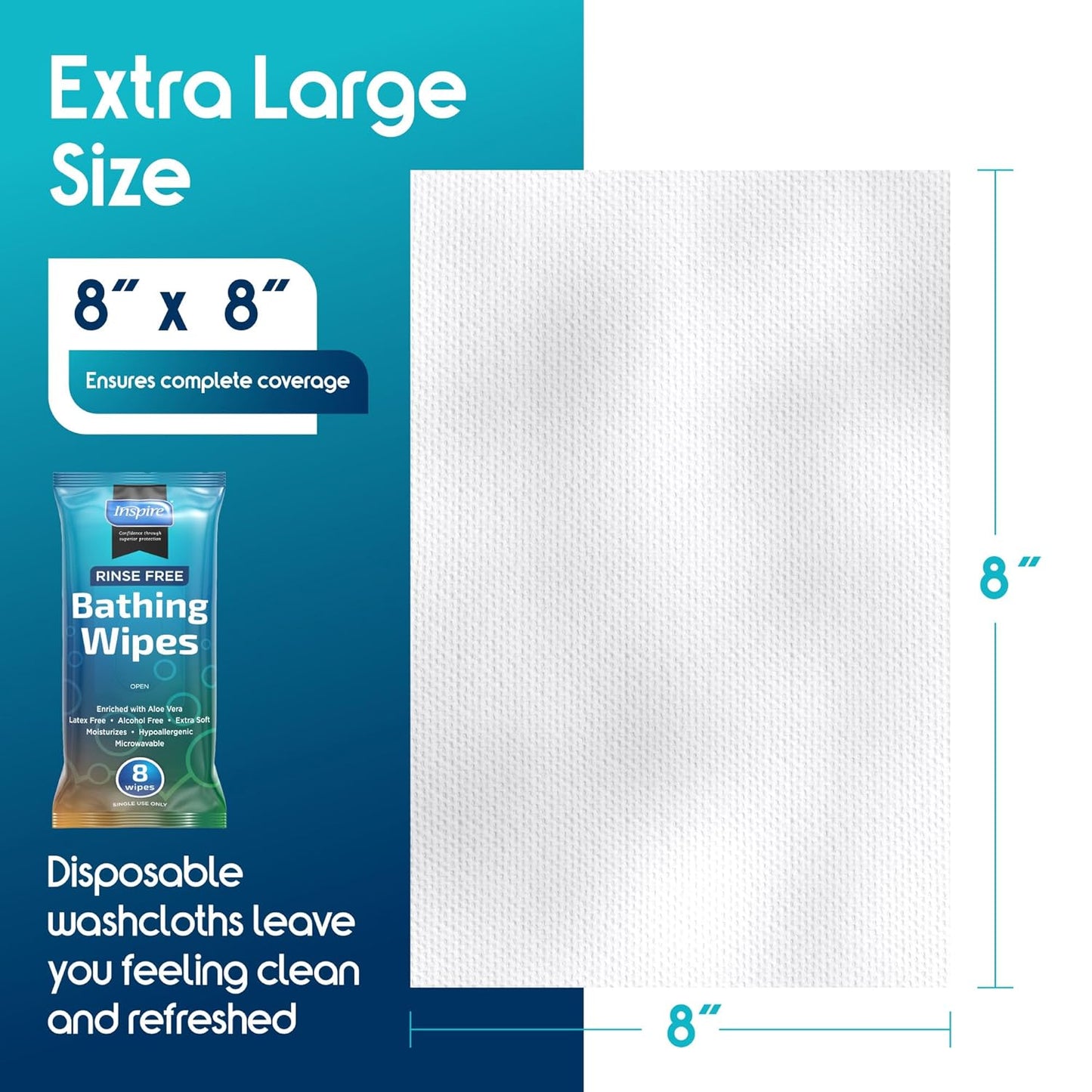 Inspire Thick Rinse Free Body Wipes, Extra Large Washcloths For Adults, Aloe Vera Enriched