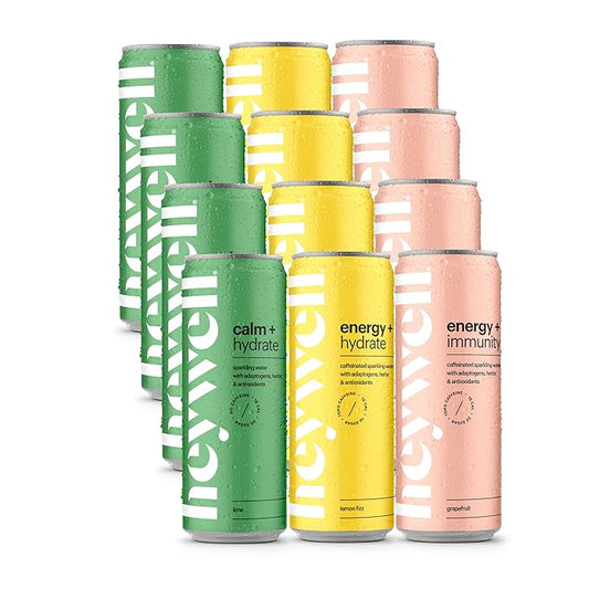 Heywell Sparkling Adaptogenic Drink, Citrus Variety Pack, 12 Fluid Ounce (Pack of 12) - Organic, Non GMO, Vegan, Gluten Free, Dairy Free (12 Pack, Citrus Variety Pack)