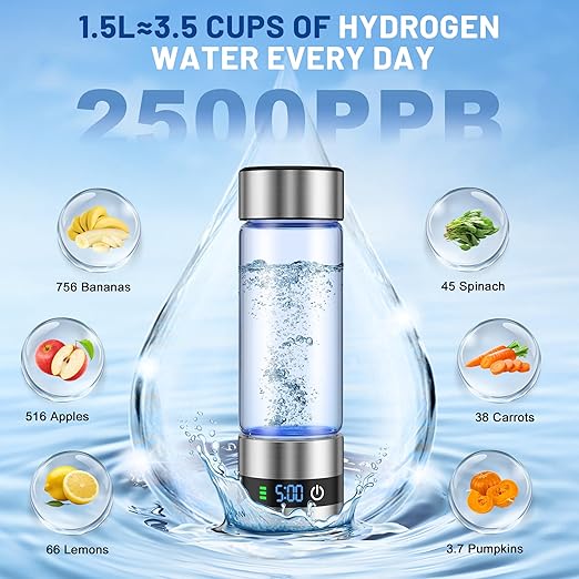 snawowo Glass Hydrogen Water Bottle Generator 16oz/460ml- 2500+PPB Concentration SPE/PEM Technology - Enhanced Vitality Improving Health |Food-grade |LED Display |Type-C Charging for Daily Use or Gift