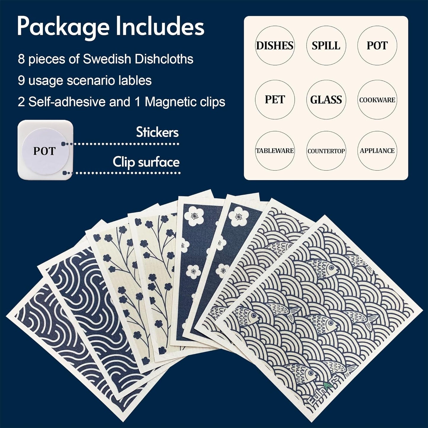 Swedish Dishcloths for Kitchen, 8 Pack Japanese Pattern Reusable Paper Towels with Clips, Non-Scratch Swedish Dish Towels, Super Absorbent Cellulose Dish Cloths, No Odor