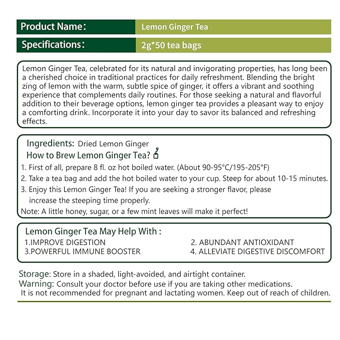 Samcci - Lemon Ginger Tea Bags, 50 Teabags - Great Hot or Iced – Aromatic, Natural, Pleasantly Spicy & Warming - Non-GMO - Caffeine-free - Support Healthy Digestion & Boost Immunity