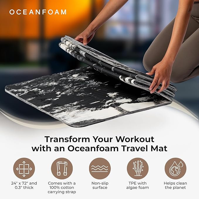 Oceanfoam Travel Workout Mat – 0.3" Thick Folding Exercise Mat for Yoga, Pilates, & Fitness – Non-Slip with Cotton Carrying Strap, Made with Sustainable Algae Foam – 24" x 72" (Black Marbled)