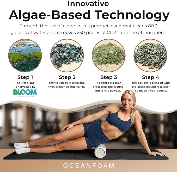 Oceanfoam Travel Workout Mat – 0.3" Thick Folding Exercise Mat for Yoga, Pilates, & Fitness – Non-Slip with Cotton Carrying Strap, Made with Sustainable Algae Foam – 24" x 72" (Black Marbled)