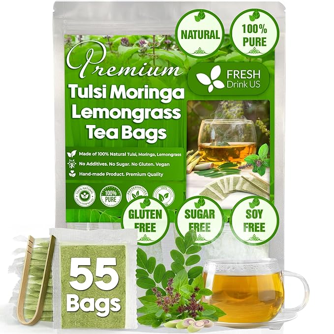 FreshDrinkUS, Premium 55 Tea Bags Tulsi Moringa Lemongrass, 100% Natural & Pure from Tulsi Holy Basil Leaves, Moringa & Lemongrass. Made with Natural Material Tea Bags. No Sugar, No Caffeine, Vegan.
