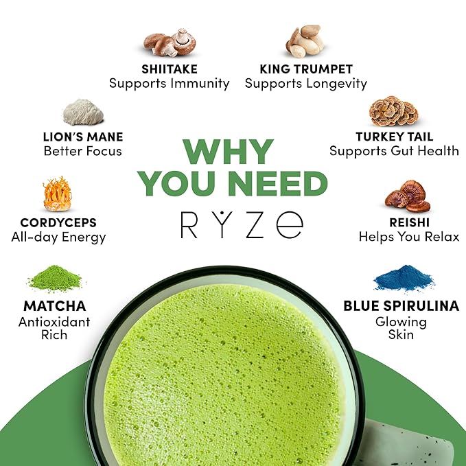 RYZE SUPERFOODS Mushroom Matcha, USDA Organic with 6 Adaptogenic Mushrooms and Ceremonial-Grade Matcha for Energy, Focus, Digestion, Immunity with Turkey Tail, Shiitake, Lion's Mane, 30 servings