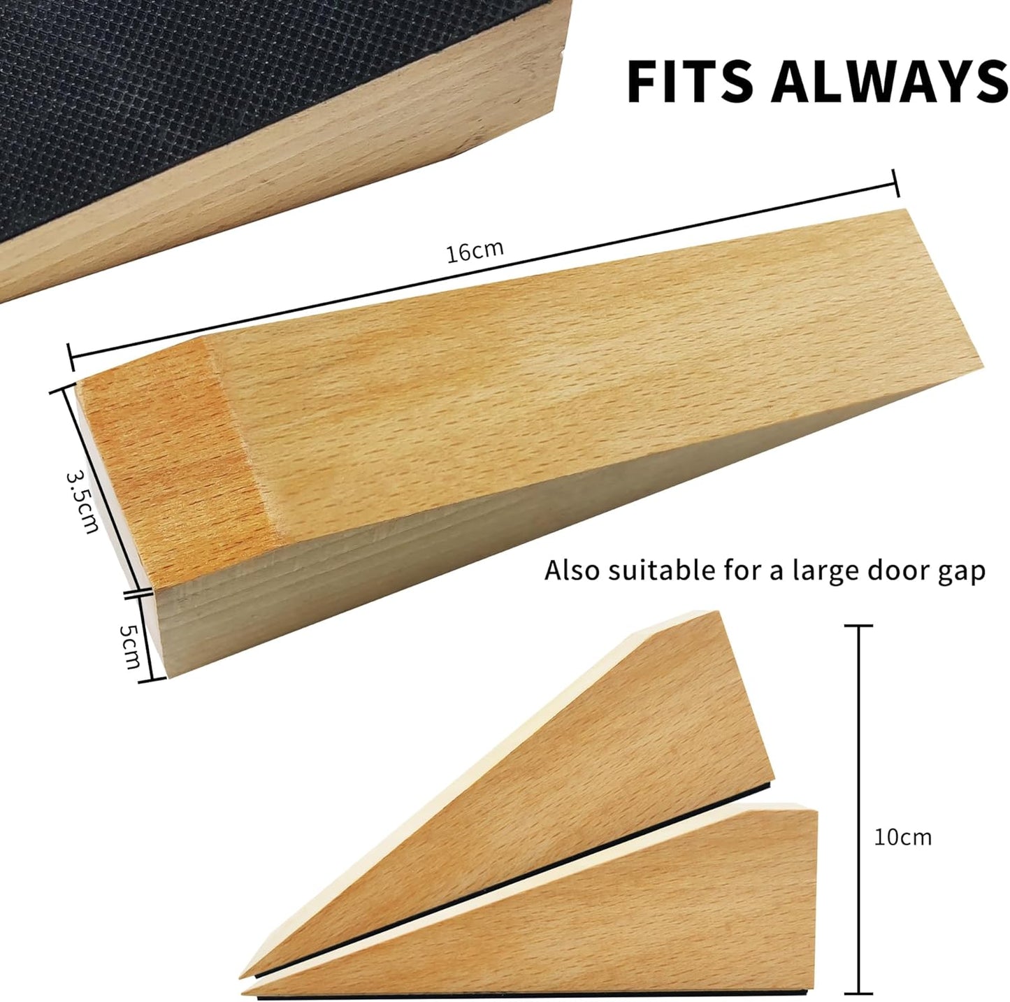 2 Pack Wooden Door Stop - Non-Slip Door Stoppers for Floor - Door Wedges for All Door Types and Surfaces - Each Door Stopper 2inch Thick, 6.3inch Long with Rubber