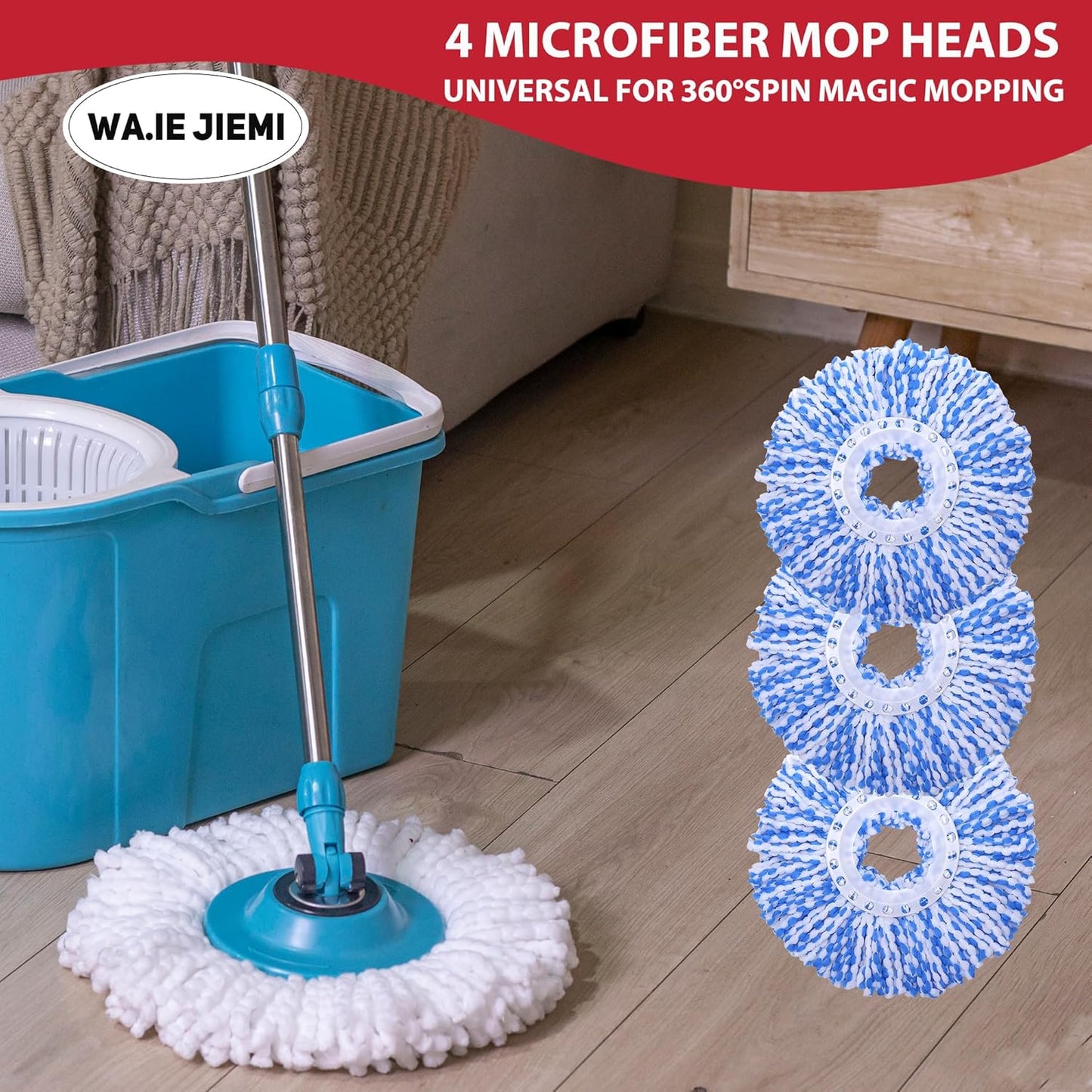 Mop Replacement Heads - 4-Pack Blue Microfiber Replacement Mop Heads Universal for 360°Spin Magic Mopping,Round Shape Standard Size
