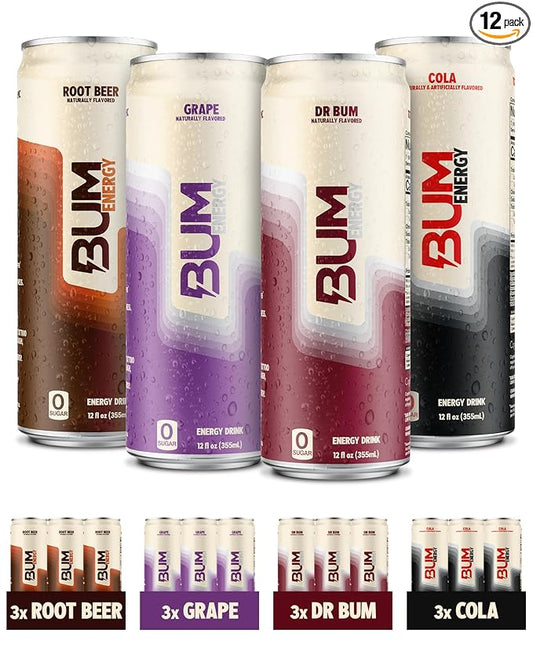 BUM Sugar-Free Energy Drink, Variety Pack - Lightly Carbonated & No Artificial Colors, Natural Caffeine & Citicoline for Energy & Focus, Brain Boost & Workout Sports Beverage - 12 oz, Pack of 12