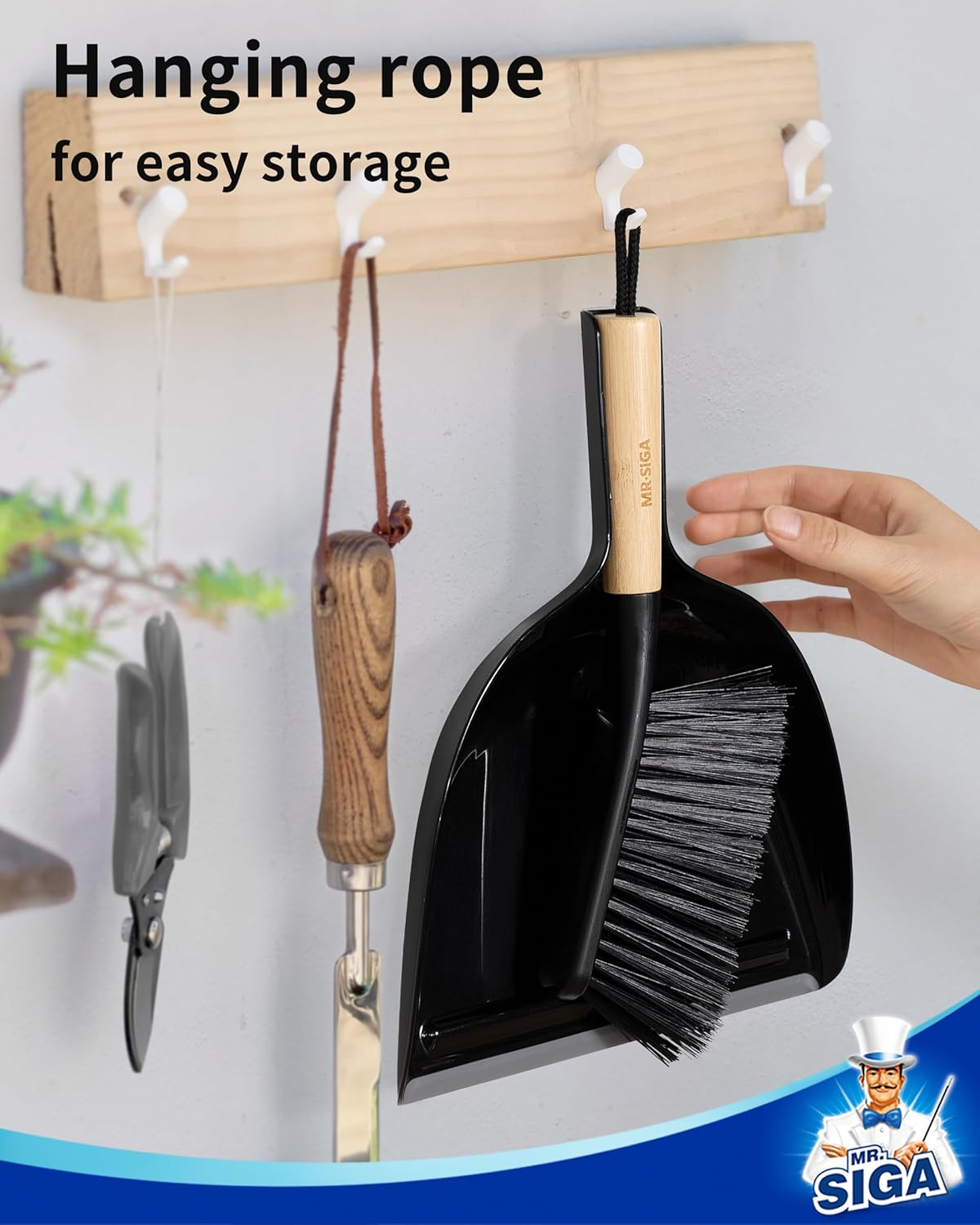 MR.SIGA Dustpan and Brush Set, Portable Cleaning Brush and Dustpan Combo with Bamboo Handle, Black, 1 Set