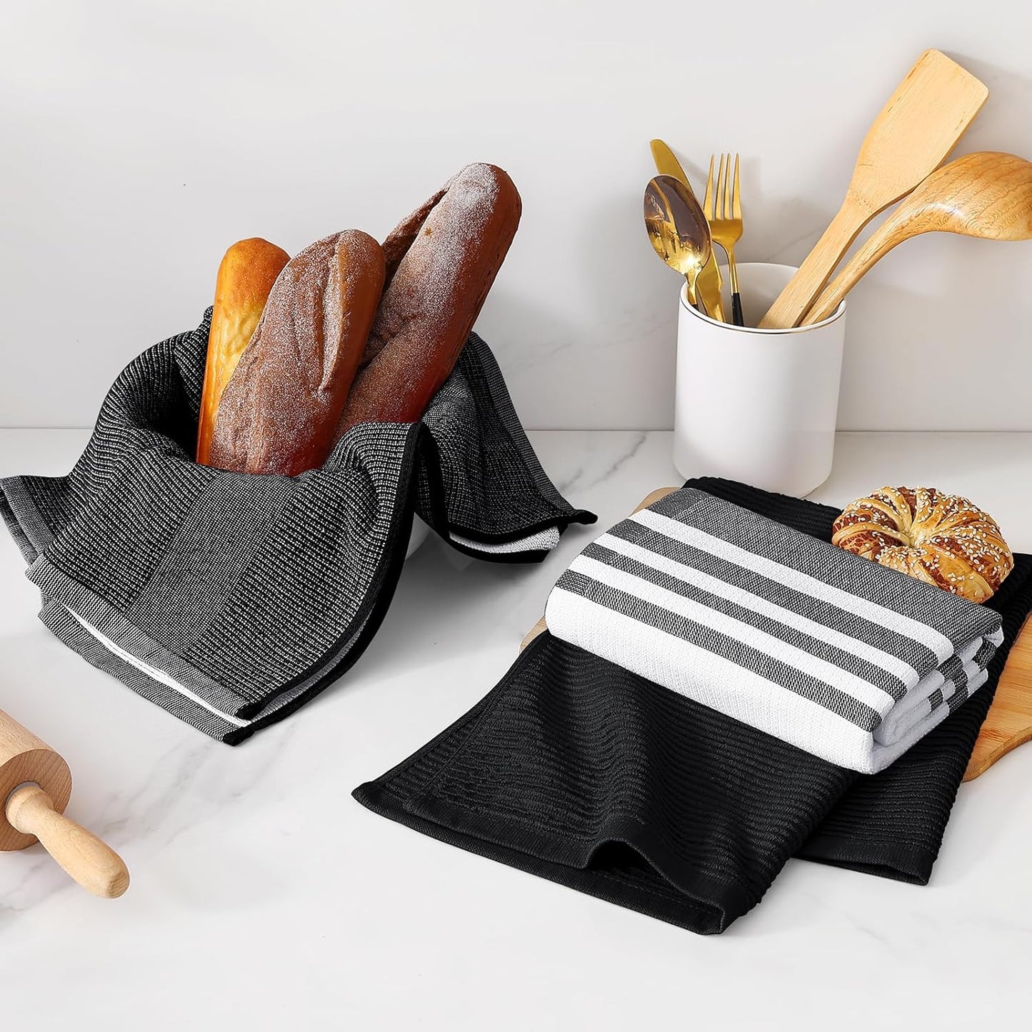 Homaxy Premium Kitchen Towels(18”x 28”, 9 Pack), Large Cotton 380 GSM Kitchen Hand Towels, Soft and Absorbent Terry Dish Towels, Multipurpose Tea Towel Set with Hanging Loop, Black