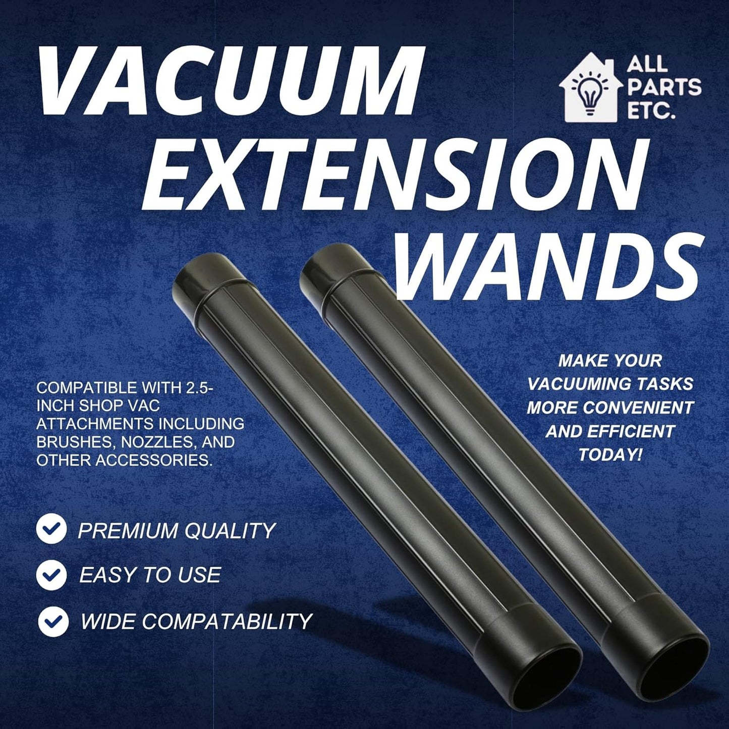 2.5 Inch Vacuum Extension Wands 19" Long for Shop Vac, Rigid, Vacmaster, Workshop & More | 2-Pack Wet or Dry Hose Extension, Compatible with 2 1/2" Vacuum Attachments and Accessories