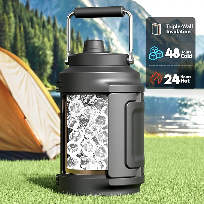 Meoky 1 Gallon Insulated Water Bottle for Sports 128 oz Triple Wall Vacuum Stainless Steel Water Jug - Top and Side Handles, Cold for 48 Hrs, 2-in-1 Straw and Spout Lid, Leak Proof for Hiking (Night)