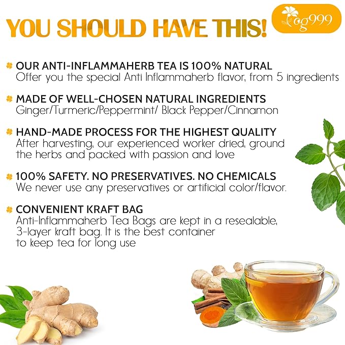 120 Tea Bags - Anti-Inflammaheb Loose Leaf Tea, 100% Natural from Ginger, Turmeric, Peppermint, Black Pepper, Cinnamon. Made with Natural Material Tea Bags. No Sugar, No Caffeine, No Gluten, Vegan.