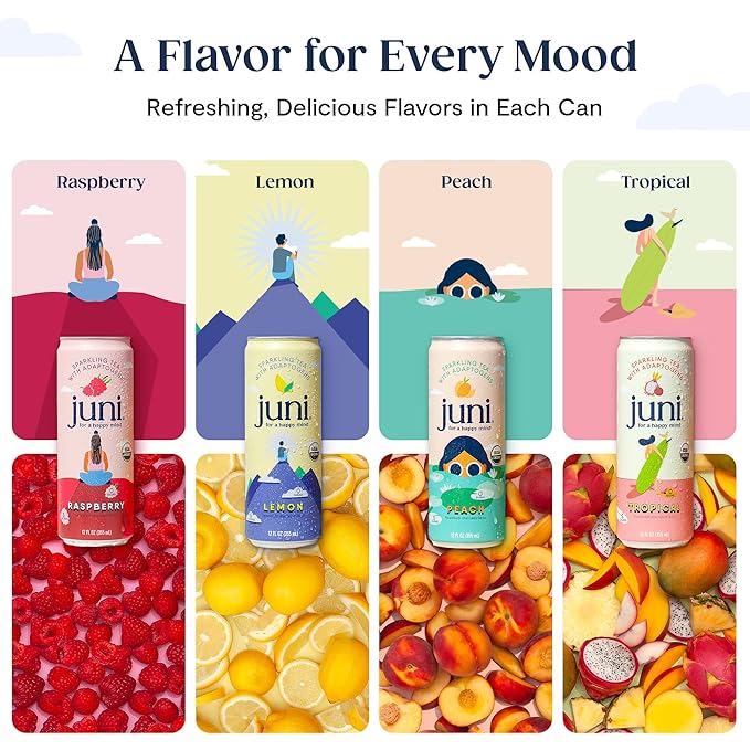 Juni Sparkling Adaptogen Drink with Ashwagandha, Lion’s Mane & Reishi Mushrooms | Green Tea for Focus, Zero Sugar, 5 Calories, Organic | Non Alcoholic Drinks - Lemon 12 pack