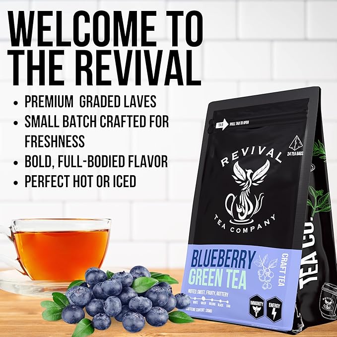Revival Tea Company Blueberry Green Tea - Green Tea Blend with Natural Blueberry Flavor - 24 Tea Bags