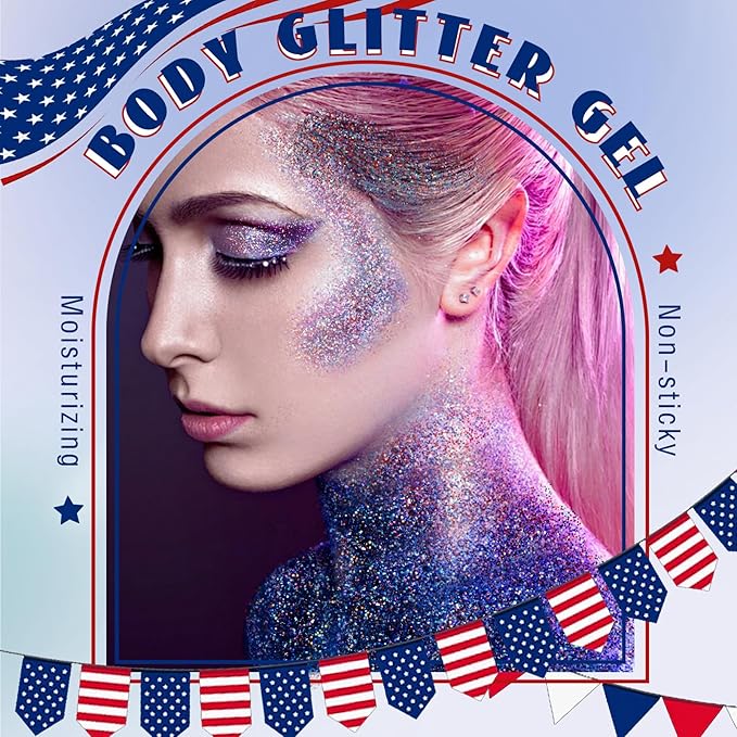 Red White and Blue Roll-on Body Glitter Gel, 4th of July Accessories Holographic Face Glitter Gel, Fourth of July Sequins Makeup for President's Day Patriotic Veterans Day
