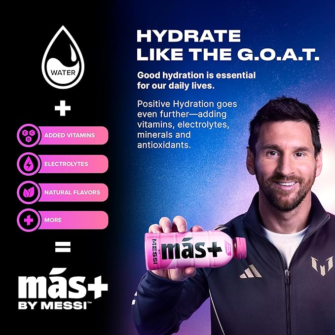Más+ by Messi 12oz Variety Pack, Sports Drink & Hydration Beverage, Natural Flavors with Vitamins and Electrolytes, No Artificial Sweeteners or Colors, 12-pack