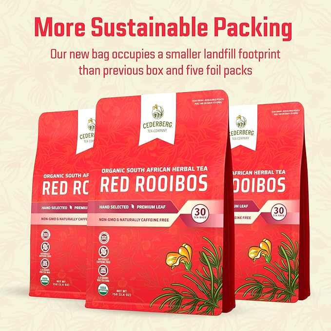 Cederberg Tea Company Red Rooibos Tea Bags USDA Certified South African Organic Herbal Tea, Naturally Caffeine Free Tea, Non-GMO, Premium Leaf, Rich in Antioxidants, 30 Count